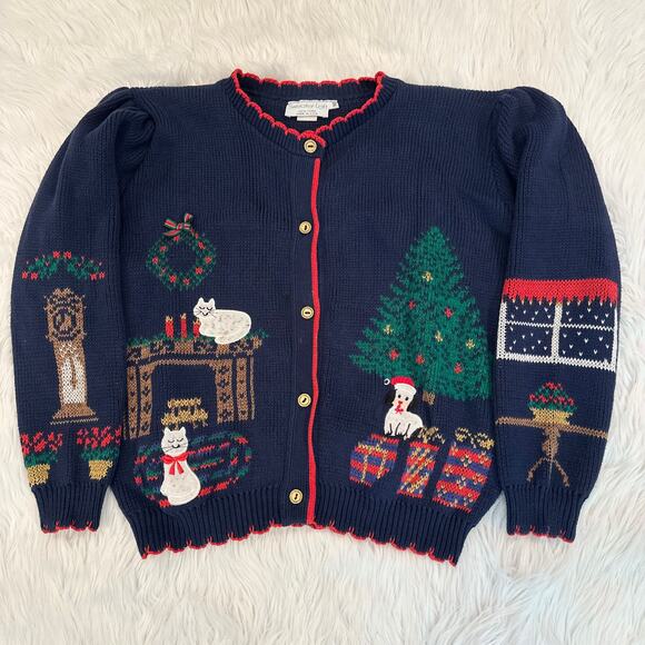 Vintage Christmas Cat Sweater Ugly Xmas Tree Dog Puff Sleeve Chunky Cardigan 90s - Picture 1 of 8